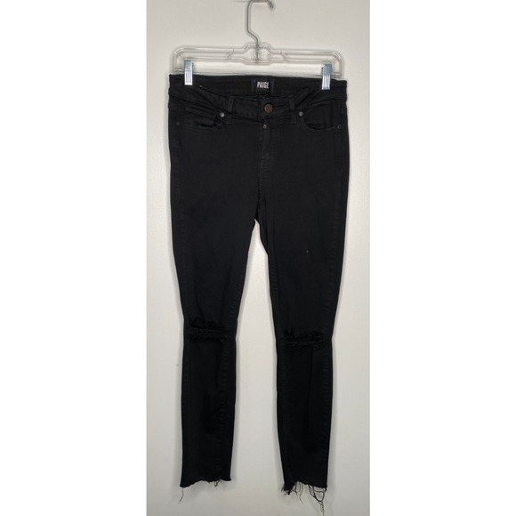 PAIGE Verdugo Ankle Black Jeans with Ripped Knees & Frayed Hem Size 29 - Picture 1 of 11